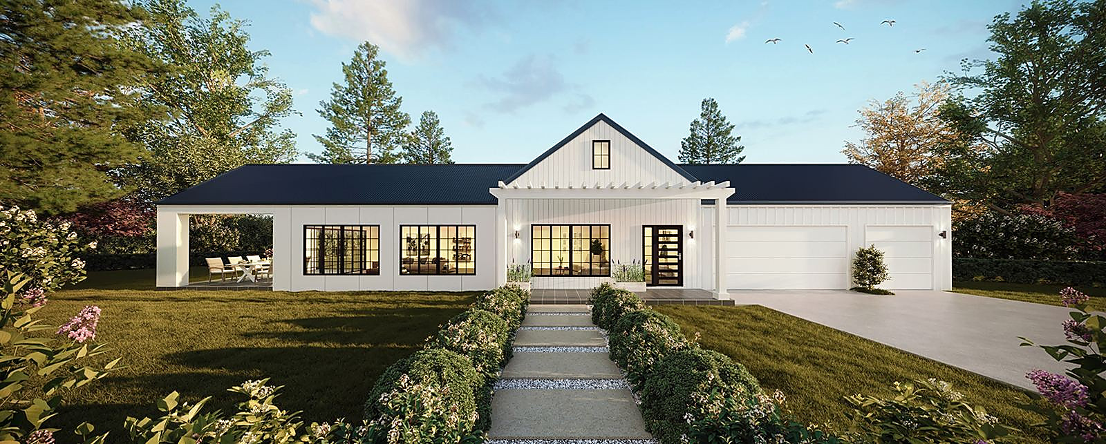 White farmhouse with covered pergola