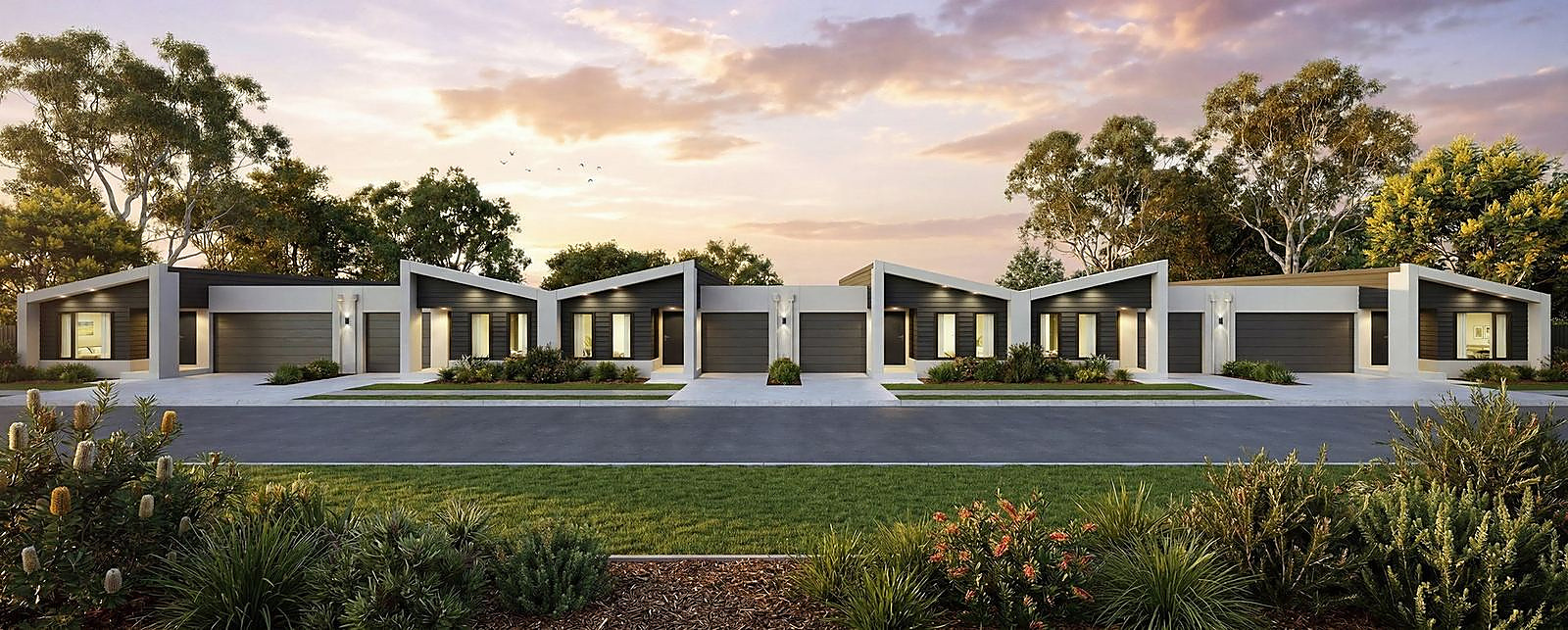 Terrace homes streetscape at dusk