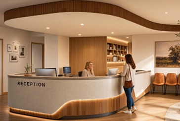 Reception interior render with timber joinery